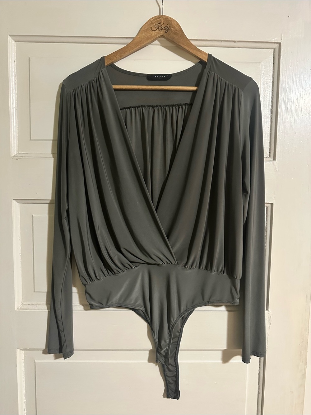 Long-Sleeve Grey Deep V Neck Wrap Thong Bodysuit